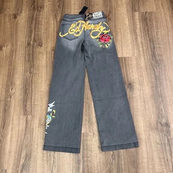 NEW Ed Hardy Tattoo Embroidered Wide Leg Gray Jeans Sz 26